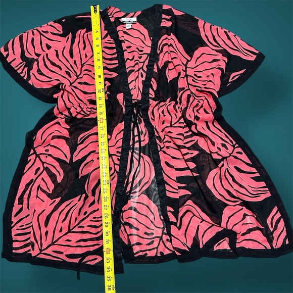 CZ Cover Ups Swimsuit Women 1x  Pink Black Sheer Waist Tie Leaf Print - Picture 3 of 8